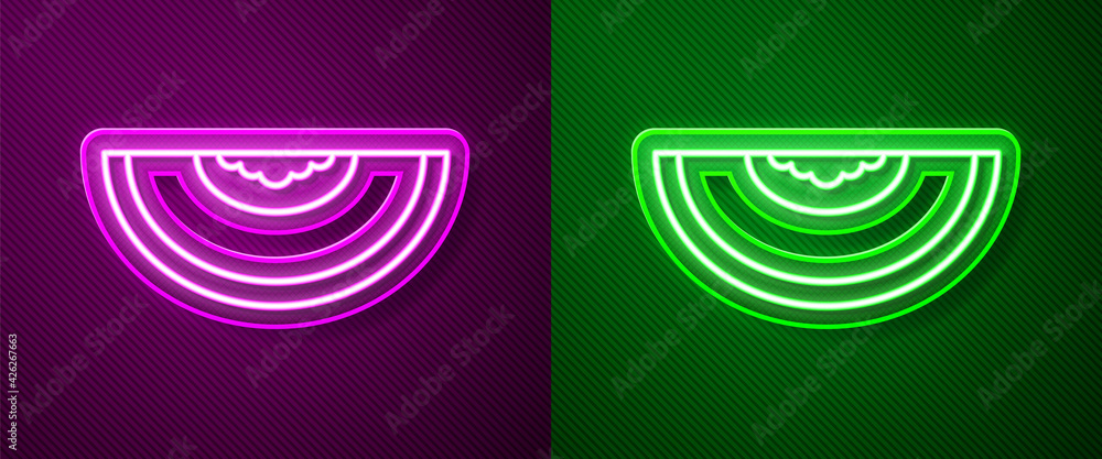 Glowing neon line Melon fruit icon isolated on purple and green background. Vector Glowing neon line Melon fruit icon isolated on purple and green background. Vector