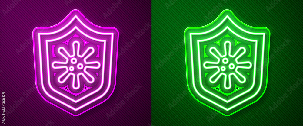 Glowing neon line Shield protecting from virus, germs and bacteria icon isolated on purple and green background. Immune system concept. Corona virus 2019-nCoV. Vector