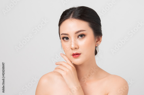 Beautiful makeup Asian woman . portrait Asian girl in studio white background. Beauty of women. Beauty and makeup concept.