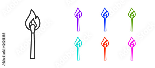 Black line Burning match with fire icon isolated on white background. Match with fire. Matches sign. Set icons colorful. Vector