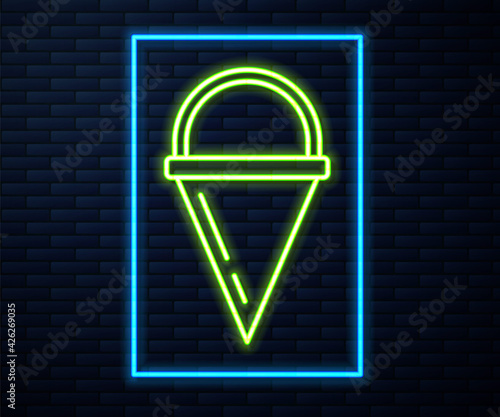 Glowing neon line Fire cone bucket icon isolated on brick wall background. Metal cone bucket empty or with water for fire fighting. Vector