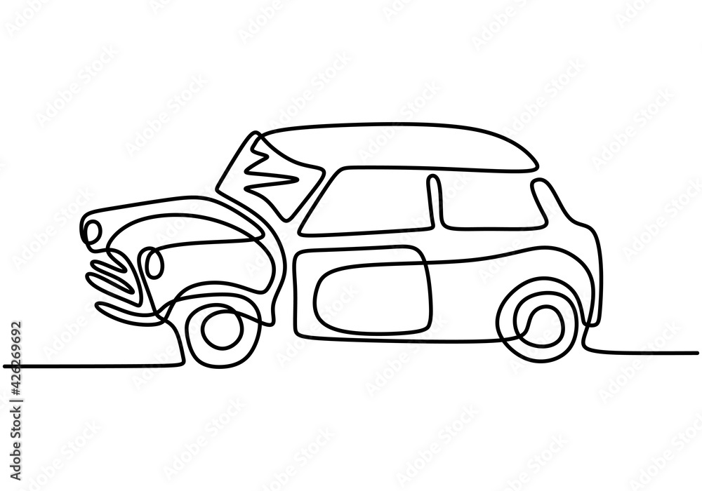One continuous line drawing of classical BWM Mini Cooper Sport car. Vintage  racing car driving on dusty road. Classic transportation vehicle concept.  Minimalist line hand draw design illustration Stock Vector | Adobe
