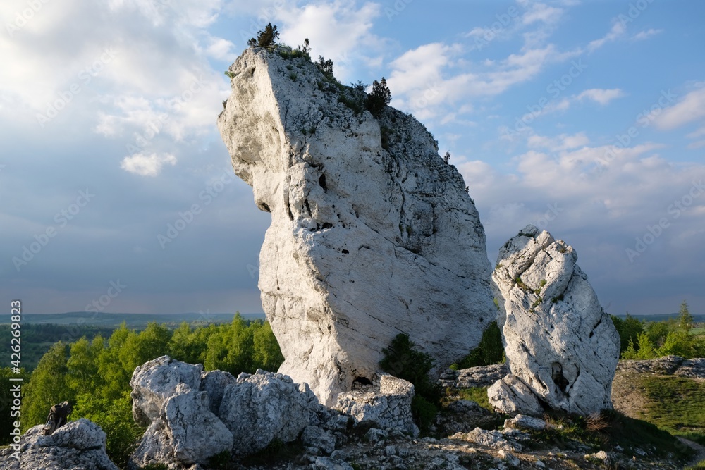 Interesting rocky formations on Janowski Mountain next to Ogrodzieniec castle on Eagles Nests trail in the Jura region, Podzamcze, Krakowsko-Czestochowska Upland, Silesia, Poland Interesting rocky formations on Janowski Mountain next to Ogrodzieniec castle on Eagles Nests trail in the Jura region, Podzamcze, Krakowsko-Czestochowska Upland, Silesia, Poland