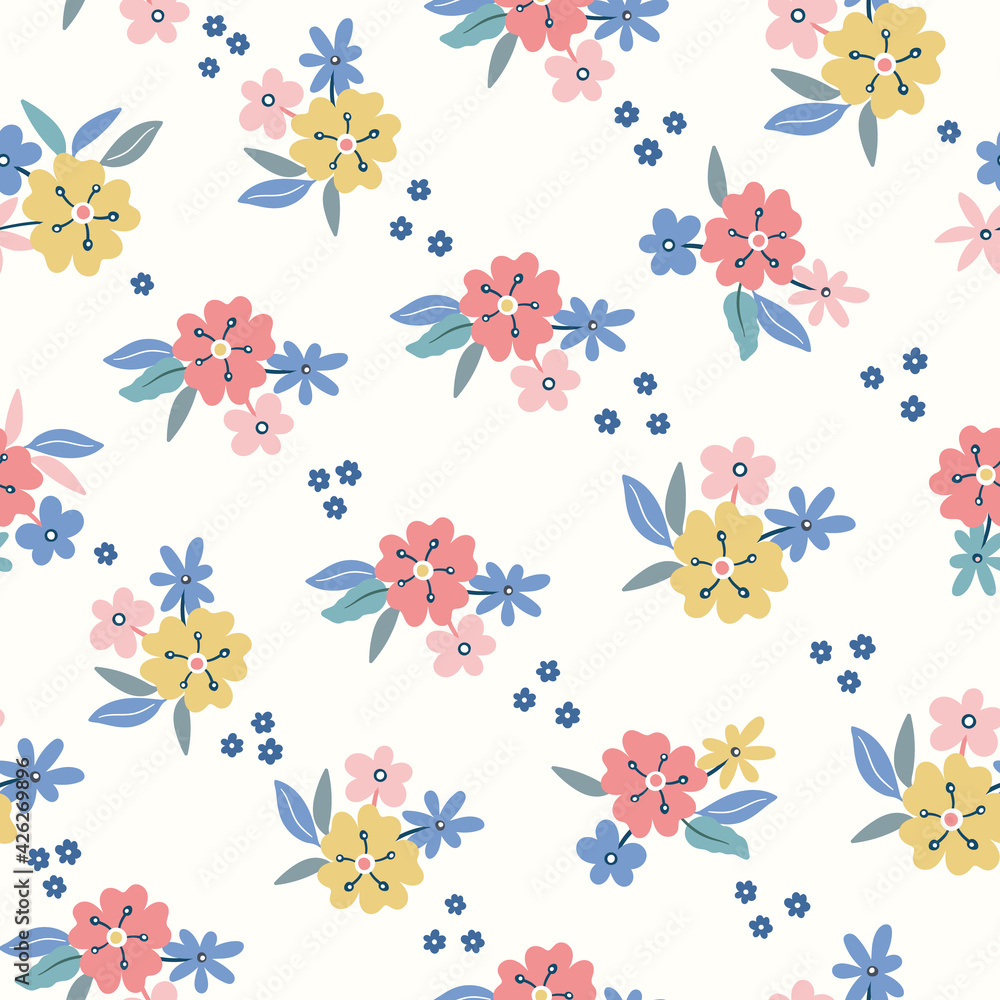 Floral strip pattern background. Colourful summer seamless design of diagonal flowers in repeat. Vector illustration.