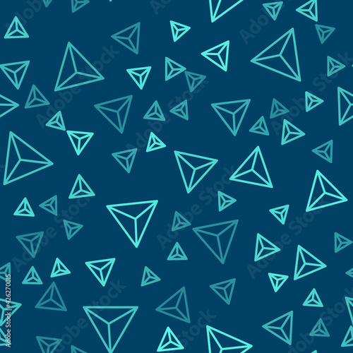 Green line Geometric figure Tetrahedron icon isolated seamless pattern on blue background. Abstract shape. Geometric ornament. Vector