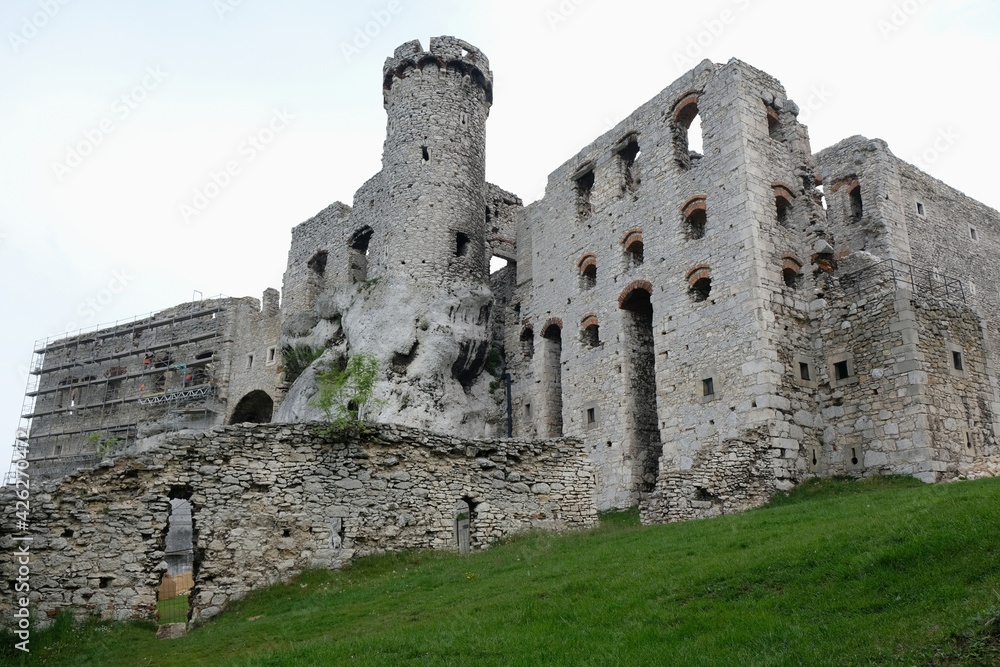 Ruins of medieval castle at morning light. It is Ogrodzieniec castle on Eagles Nests trail in the Jura region, Podzamcze, Krakowsko-Czestochowska Upland, Silesia, Poland