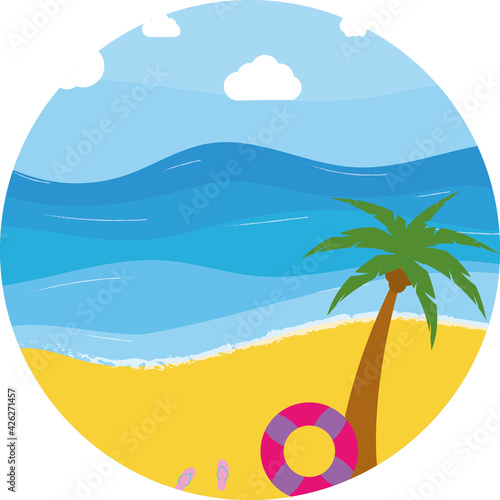 Beach illustration. Vacation vector design. Summer vacation design on a sea beach. Beautiful summer landscape pith palm. 