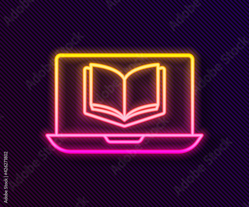 Glowing neon line Online class icon isolated on black background. Online education concept. Vector