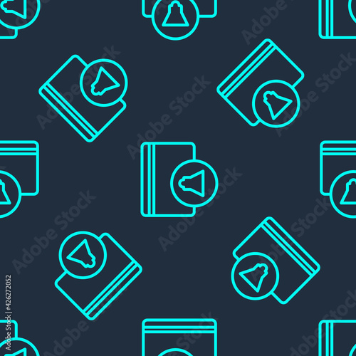Green line Audio book icon isolated seamless pattern on blue background. Book with headphones. Audio guide sign. Online learning concept. Vector