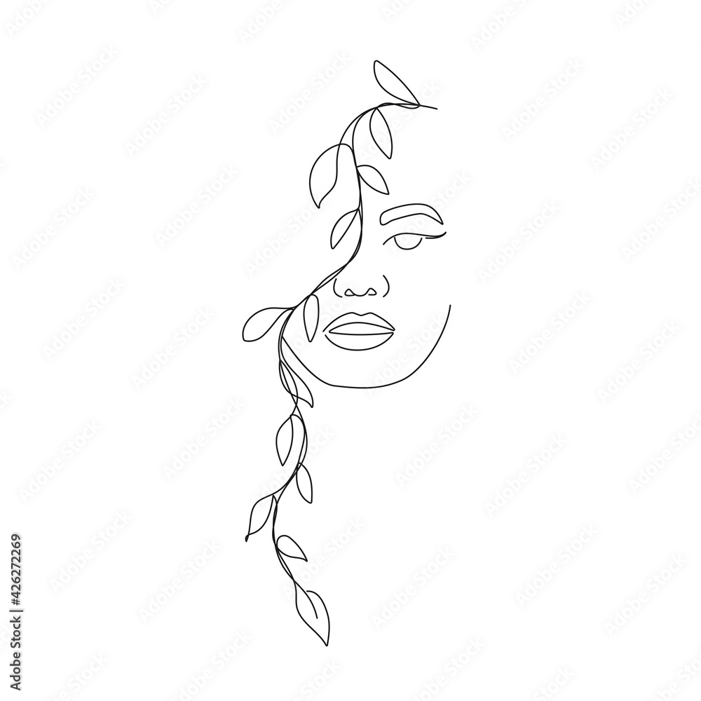 Woman Face with Leaves One Line Drawing. Continuous Line Woman and Leaves. Abstract Contemporary Design Template for Covers, t-Shirt Print, Postcard, Banner etc. Vector EPS 10. Woman Face with Leaves One Line Drawing. Continuous Line Woman and Leaves. Abstract Contemporary Design Template for Covers, t-Shirt Print, Postcard, Banner etc. Vector EPS 10.
