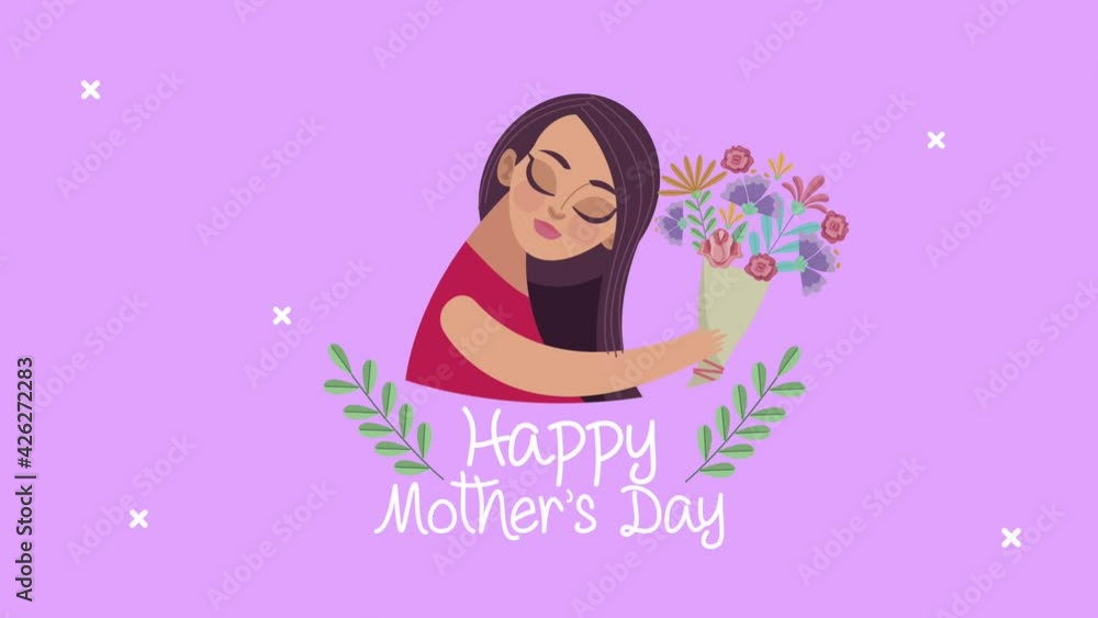 happy mothers day lettering with mother lifting flowers bouquet happy mothers day lettering with mother lifting flowers bouquet