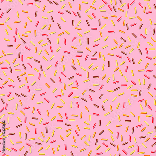 Seamless pattern with candy donut glaze on color background. 3d realistic food pattern, cake, sugar sweet texture. Template modern design for poster, card, fabric, textile. Vector illustration