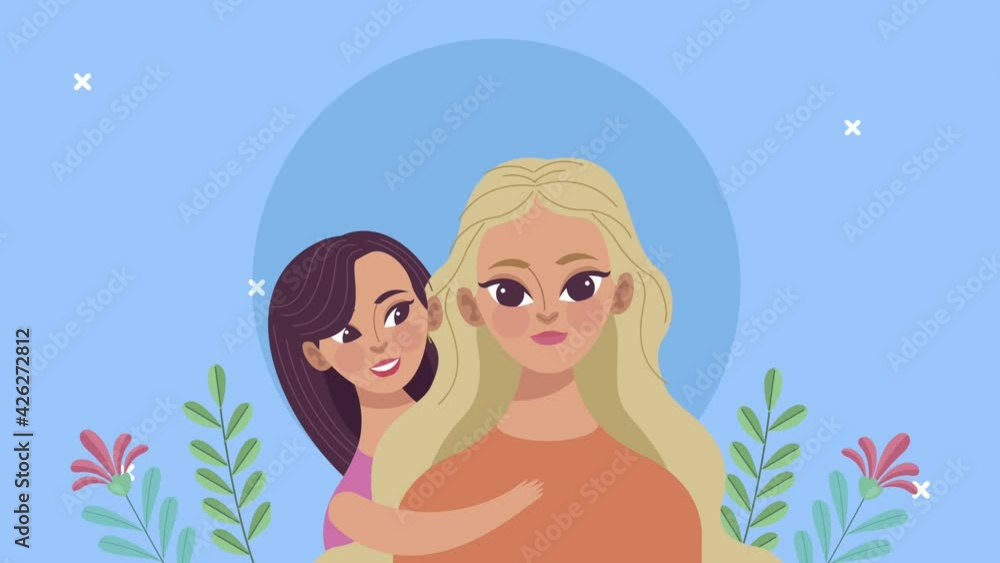 cute mother and daughter with floral garden characters