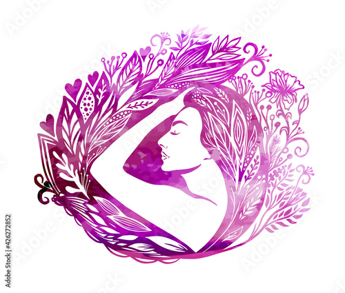 Profile of a beautiful girl in flowers and leaves. Mixed media. Picturesque drawing. Vector illustration