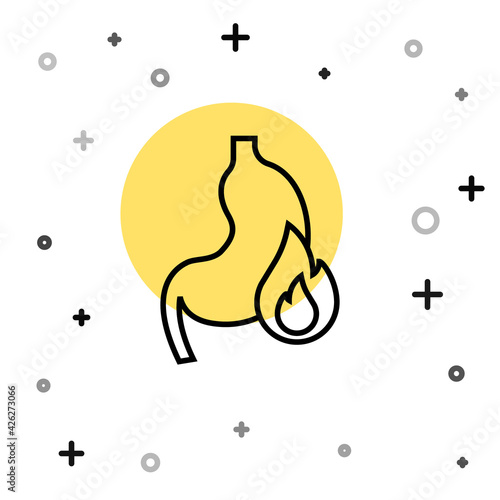 Black line Stomach heartburn icon isolated on white background. Stomach burn. Gastritis and acid reflux, indigestion and stomach pain problems. Random dynamic shapes. Vector