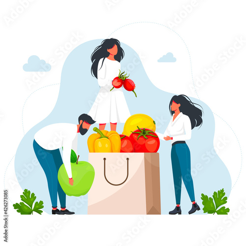 men and women holding natural products.Healthy fresh food, fruits, vegetables. vegetarianism.People packing paper bag with fresh fruit and vegetables. organic nutrition, diet. Vector illustration