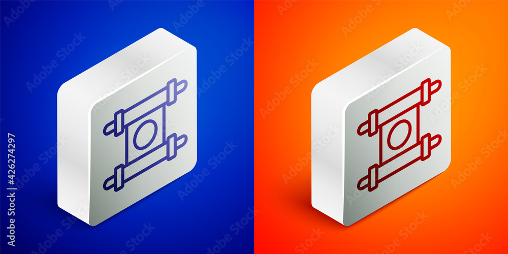 Isometric line Decree, paper, parchment, scroll icon icon isolated on blue and orange background. Chinese scroll. Silver square button. Vector Isometric line Decree, paper, parchment, scroll icon icon isolated on blue and orange background. Chinese scroll. Silver square button. Vector