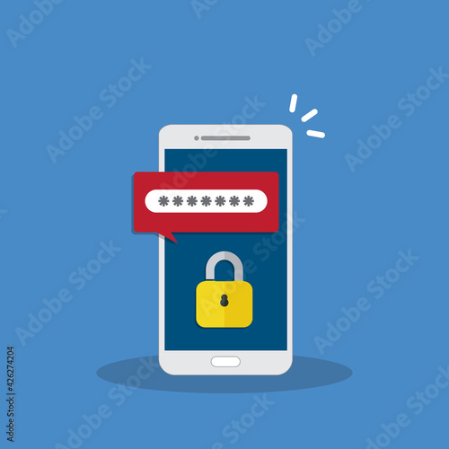 Unlocked, notification and password field on a mobile phone. Smartphone security concept.