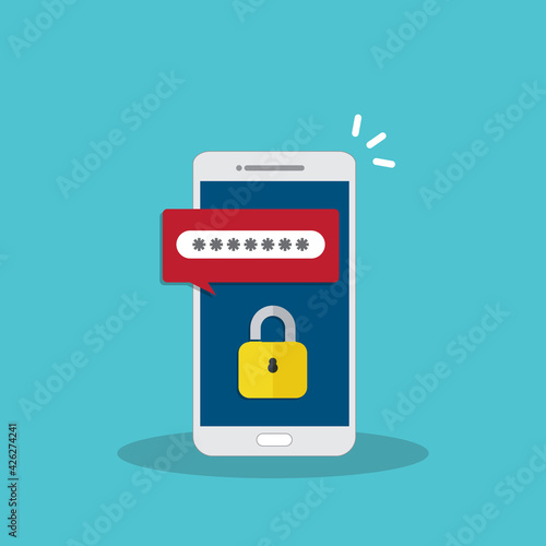 Unlocked, notification and password field on a mobile phone. Smartphone security concept.