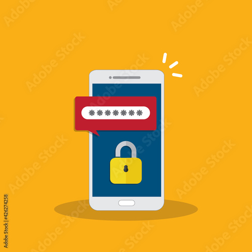 Unlocked, notification and password field on a mobile phone. Smartphone security concept.