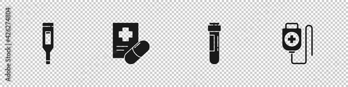 Set Medical digital thermometer, prescription, Test tube with blood and IV bag icon. Vector