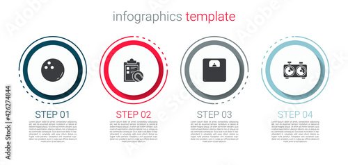 Set Bowling ball, Checklist clipboard and tennis, Bathroom scales and Time chess clock. Business infographic template. Vector