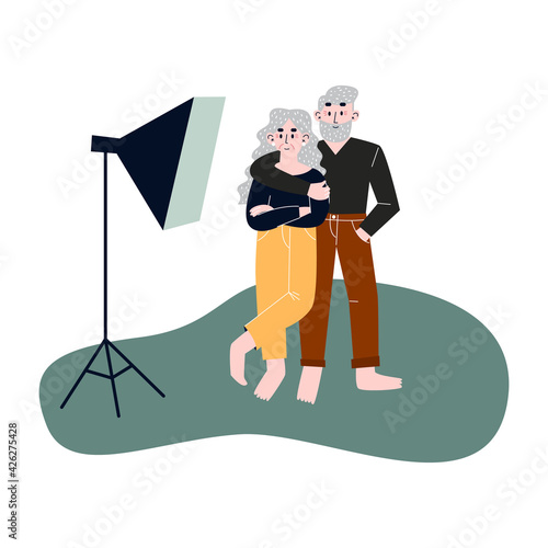 Photosession of elderly modern couple. Flat vector illustration.