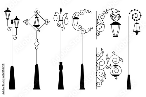 Street light, black silhouettes collection. Street retro road lamp set. Vintage light for aristocratic exterior. Vector decorative lamp posts