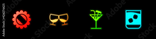Set Bottle cap, Glass of cognac or brandy, Cocktail and whiskey icon. Vector