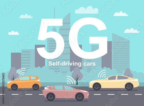 Fototapeta Naklejka Na Ścianę i Meble -  Concept with self-driving cars using 5G communication against the background of an abstract cityscape. Vector flat style illustration.