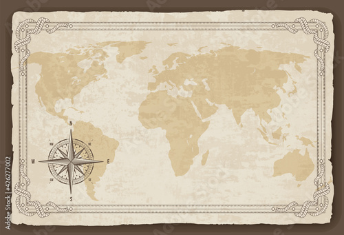 Old map frame with retro nautical compass on old paper texture. Hand drawn antique nautical old vector background. Wind rose for sea marine navigation. Vintage marine theme in vector