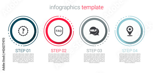 Set Question mark, Shield with text FAQ, Speech bubble Help and Location gear. Business infographic template. Vector
