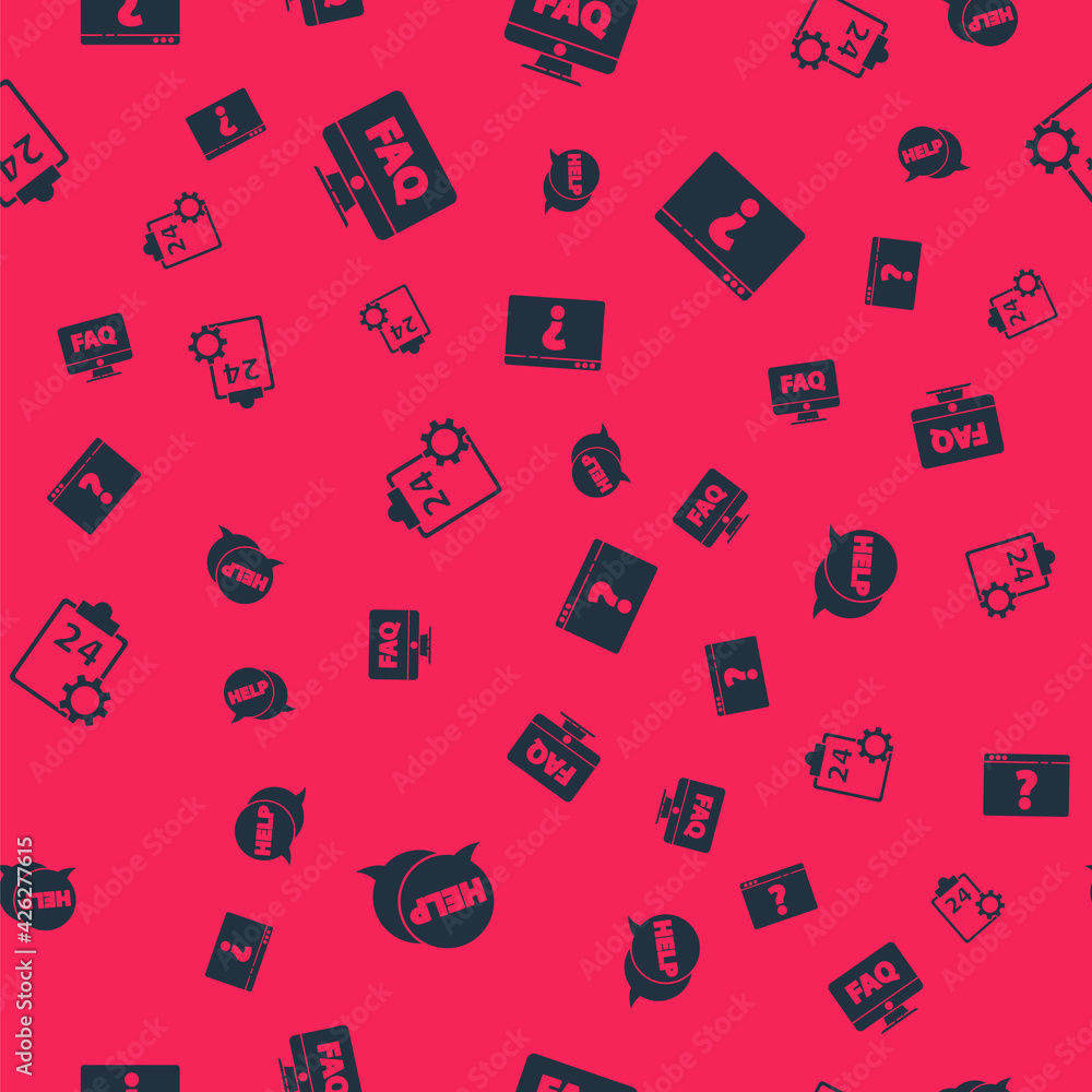 Set Speech bubble with text Help, Computer monitor and FAQ, Checklist 24 hours service and Browser question mark on seamless pattern. Vector Set Speech bubble with text Help, Computer monitor and FAQ, Checklist 24 hours service and Browser question mark on seamless pattern. Vector