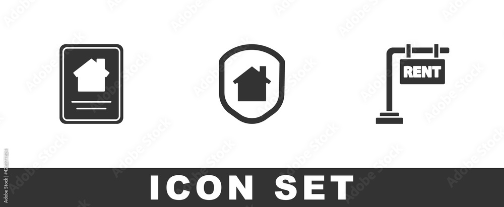 Set Online real estate house, House under protection and Hanging sign with Rent icon. Vector Set Online real estate house, House under protection and Hanging sign with Rent icon. Vector