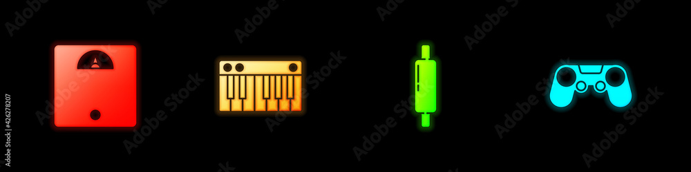 Set Bathroom scales, Music synthesizer, Rolling pin and Gamepad icon. Vector Set Bathroom scales, Music synthesizer, Rolling pin and Gamepad icon. Vector