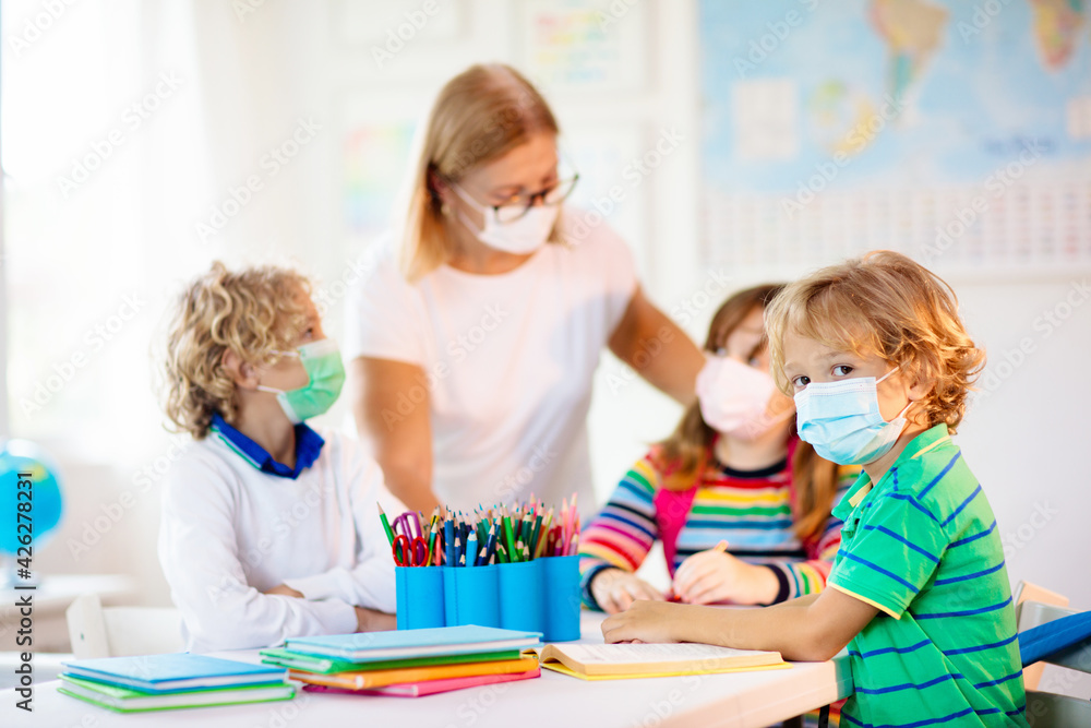 Kids on first school day after quarantine. Kids on first school day after quarantine.