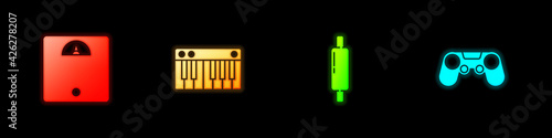 Set Bathroom scales, Music synthesizer, Rolling pin and Gamepad icon. Vector