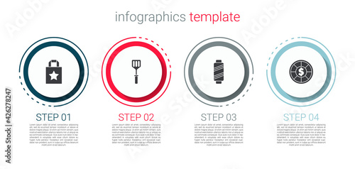 Set Paper shopping bag, Spatula, Sewing thread on spool and Casino chips. Business infographic template. Vector
