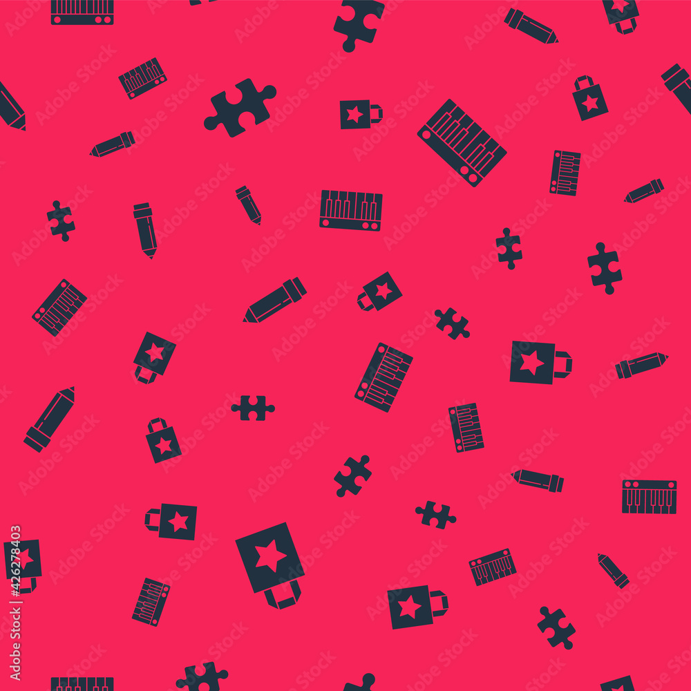 Set Paper shopping bag, Piece of puzzle, Pencil with eraser and Music synthesizer on seamless pattern. Vector Set Paper shopping bag, Piece of puzzle, Pencil with eraser and Music synthesizer on seamless pattern. Vector