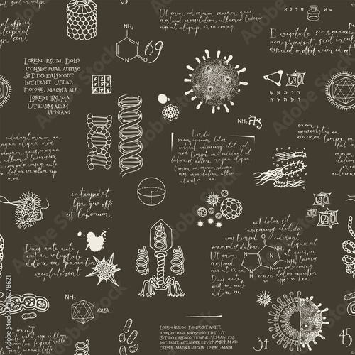 Vector background on a scientific theme. Abstract seamless pattern with hand-drawn viruses, microbes, bacteria and handwritten lorem ipsum text on a brown backdrop. Wallpaper, wrapping paper, fabric