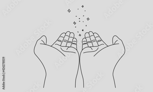 Hands pray magic star minimal line art doodle style