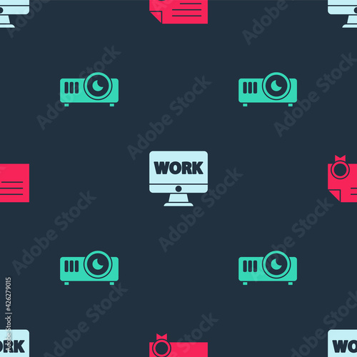 Set Certificate template, Monitor with text work and Movie, film, media projector on seamless pattern. Vector