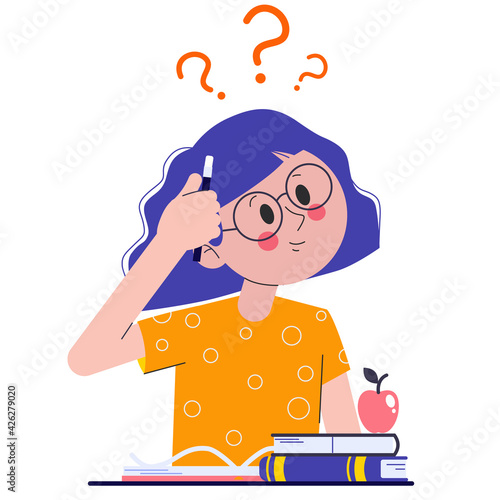 A schoolgirl in class or in an exam thinking about how to do her homework or assignments. The girl is thinking about it. Flat vector illustration with question marks.