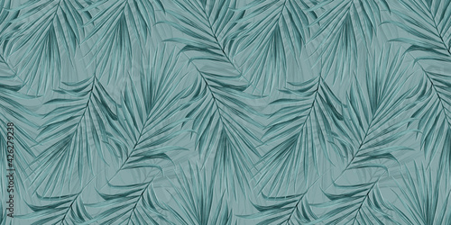 Tropical seamless pattern with pastel blue mint palm leaves on mint background. Hand-drawn exotiс vintage illustration, texture. For luxury wallpapers, wrapping paper, cloth, fabric printing