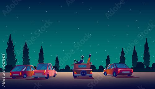 Car street cinema. Drive-in theater with automobiles stand in open air parking at night. Cinema night vector banner in cartoon style. Audience on open air parking in darkness