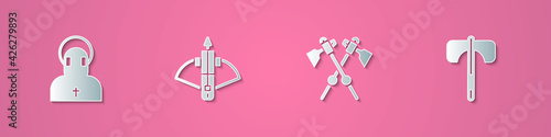 Set paper cut Monk, Battle crossbow with arrow, Crossed medieval axes and Medieval icon. Paper art style. Vector