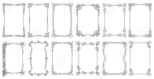 Decorative frames. Vintage calligraphic antique borders. Ornate calligraph rectangle frames, wedding elegant ornamental borders and filigree floral ornaments for framed certificate template