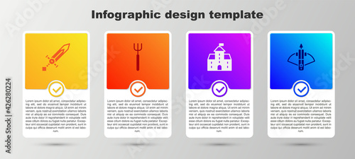 Set Medieval sword, Garden pitchfork, Castle, fortress and Battle crossbow with arrow. Business infographic template. Vector
