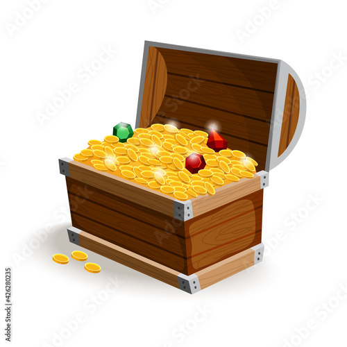 Treasure chest isometric cartoon. Wooden open box full of gold coins and jewels. Precious treasures, crystals, gems and golden coins in pirate chest. Illusration for game user interface