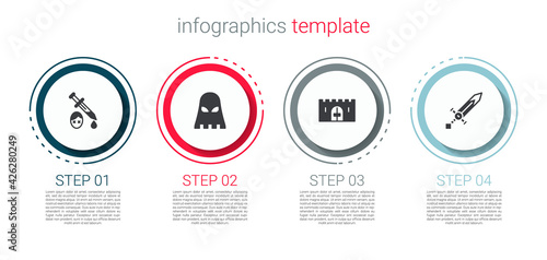 Set Sword with blood, Executioner mask, Medieval castle gate and sword. Business infographic template. Vector